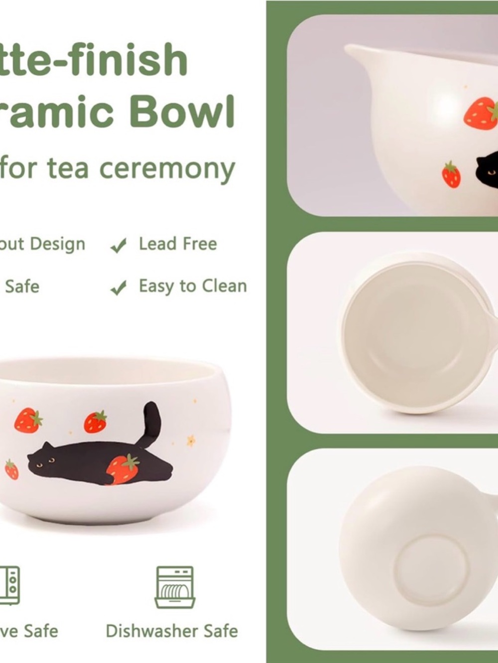 Cute Matcha Whisk Set with Cat and Strawberry Pattern Matt Matcha Bowl - Picture 5 of 10